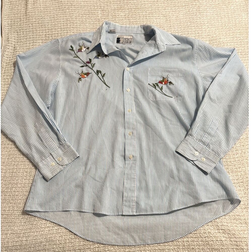 Infinity Fashions Striped Embroidered Hummingbird Button Down XL‎ Grandmacore